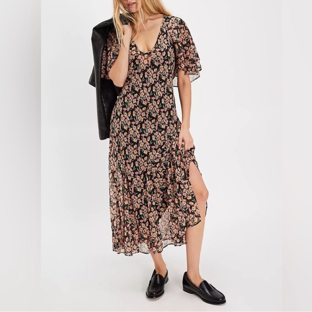 NEW Free People Elisandra Midi Dress Floral Black Pink Yellow Bell Sleeves Small